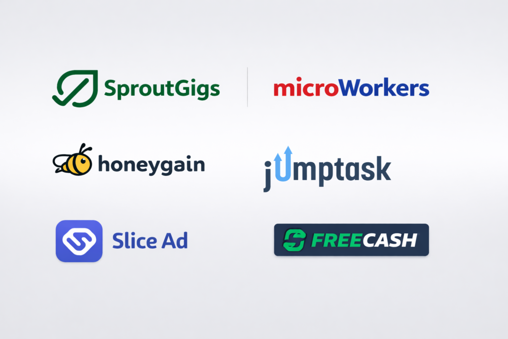 SproutGigs, Slice Ad, Microworkers, FreeCash, Honeygain, JumpTask